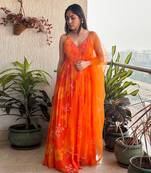 Yellow orange printed strappy ruched anarkali with matching scallop embroidered net dupatta.