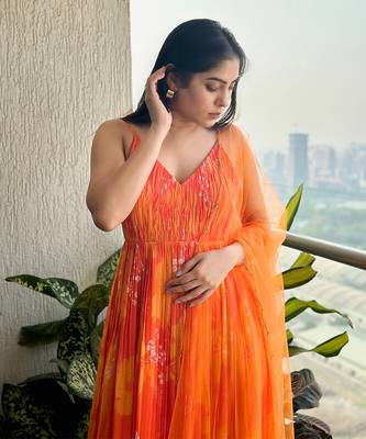 Yellow orange printed strappy ruched anarkali with matching scallop embroidered net dupatta. 2