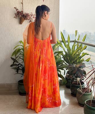 Yellow orange printed strappy ruched anarkali with matching scallop embroidered net dupatta. 3