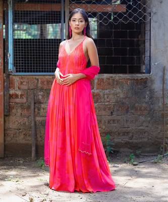 Pink red printed strappy ruched anarkali with matching scallop embroidered net dupatta. 1