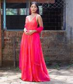 Pink red printed strappy ruched anarkali with matching scallop embroidered net dupatta.