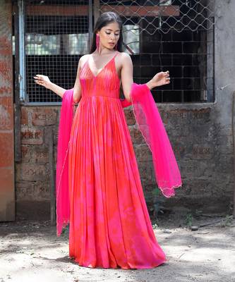 Pink red printed strappy ruched anarkali with matching scallop embroidered net dupatta. 2