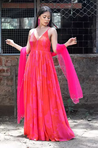 Pink red printed strappy ruched anarkali with matching scallop embroidered net dupatta.