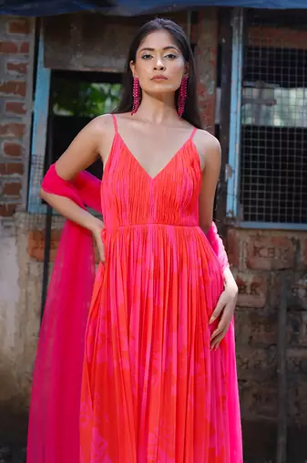Pink red printed strappy ruched anarkali with matching scallop embroidered net dupatta.
