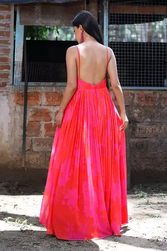 Pink red printed strappy ruched anarkali with matching scallop embroidered net dupatta.