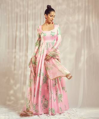 Baby pink print self scallop anarkali with matching organza silk dupatta with gold trimming lace detailing. 1