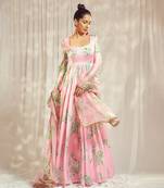 Baby pink print self scallop anarkali with matching organza silk dupatta with gold trimming lace detailing.