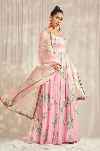 Baby pink print self scallop anarkali with matching organza silk dupatta with gold trimming lace detailing.