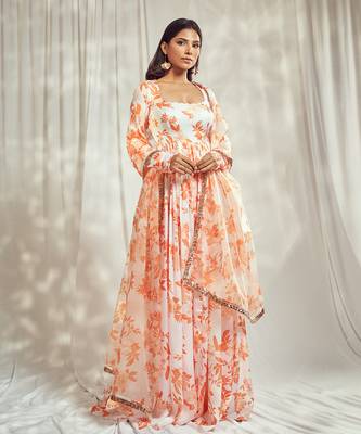 Burnt orange print self scallop anarkali with matching organza silk dupatta with gold trimming lace detailing. 1