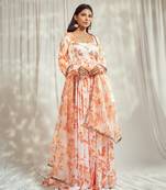 Burnt orange print self scallop anarkali with matching organza silk dupatta with gold trimming lace detailing.