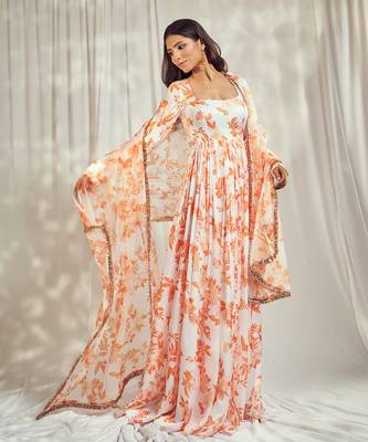 Burnt orange print self scallop anarkali with matching organza silk dupatta with gold trimming lace detailing. 2