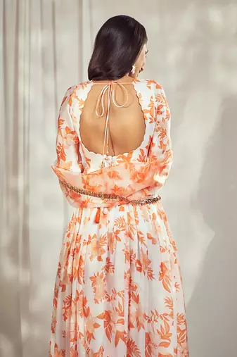 Burnt orange print self scallop anarkali with matching organza silk dupatta with gold trimming lace detailing.
