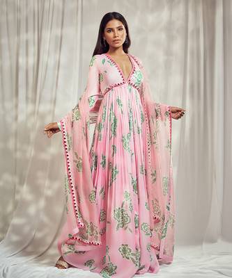 Baby pink print mirror-work anarkali with matching star organdie mirror-work dupatta. 1