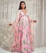Baby pink print mirror-work anarkali with matching star organdie mirror-work dupatta.