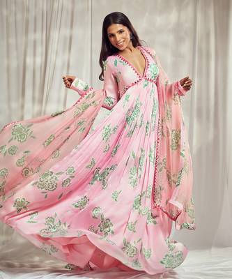 Baby pink print mirror-work anarkali with matching star organdie mirror-work dupatta. 2