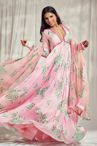 Baby pink print mirror-work anarkali with matching star organdie mirror-work dupatta.