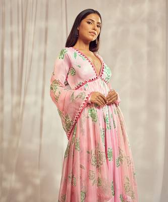 Baby pink print mirror-work anarkali with matching star organdie mirror-work dupatta. 3