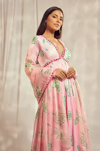 Baby pink print mirror-work anarkali with matching star organdie mirror-work dupatta.