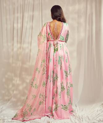 Baby pink print mirror-work anarkali with matching star organdie mirror-work dupatta. 4