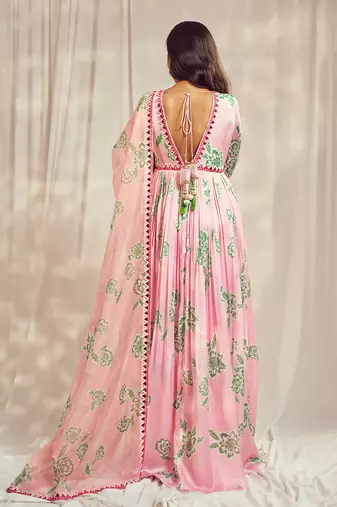 Baby pink print mirror-work anarkali with matching star organdie mirror-work dupatta.