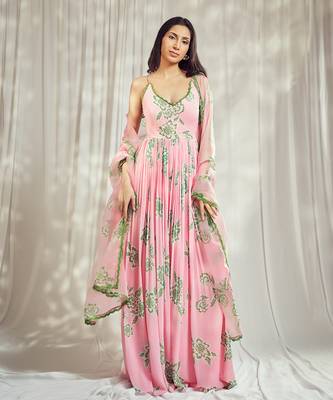 Baby pink print strappy anarkali with lace detailing paired with matching organza silk dupatta with lace detail. 1