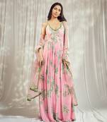 Baby pink print strappy anarkali with lace detailing paired with matching organza silk dupatta with lace detail.