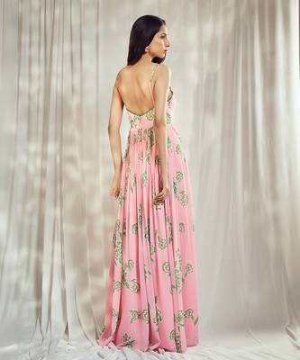 Baby pink print strappy anarkali with lace detailing paired with matching organza silk dupatta with lace detail. 2