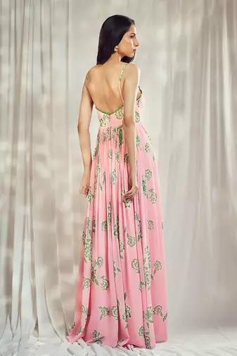 Baby pink print strappy anarkali with lace detailing paired with matching organza silk dupatta with lace detail.