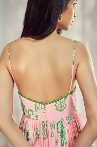 Baby pink print strappy anarkali with lace detailing paired with matching organza silk dupatta with lace detail.