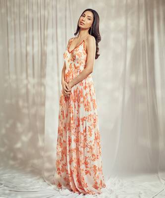 Burnt orange print strappy anarkali with lace detailing paired with matching organza silk dupatta with lace detail. 1