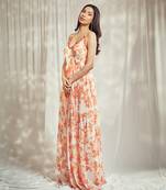 Burnt orange print strappy anarkali with lace detailing paired with matching organza silk dupatta with lace detail.