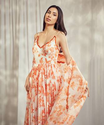 Burnt orange print strappy anarkali with lace detailing paired with matching organza silk dupatta with lace detail. 2