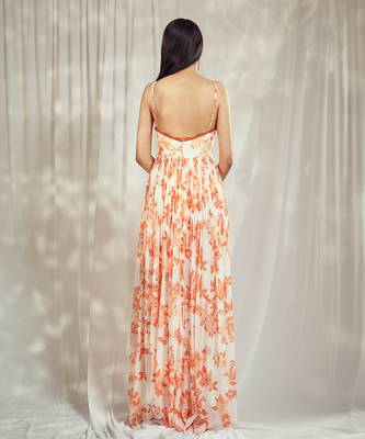 Burnt orange print strappy anarkali with lace detailing paired with matching organza silk dupatta with lace detail. 3