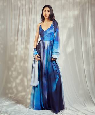 Blue print chiffon strappy anarkali with matching blue crepe dupatta with scallop embroidery border. 1