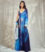 Blue print chiffon strappy anarkali with matching blue crepe dupatta with scallop embroidery border.