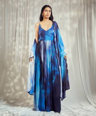 Blue print chiffon strappy anarkali with matching blue crepe dupatta with scallop embroidery border. 2