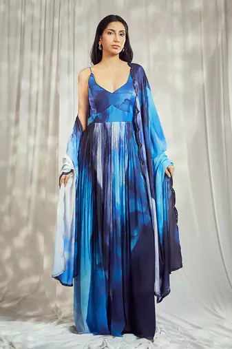 Blue print chiffon strappy anarkali with matching blue crepe dupatta with scallop embroidery border.