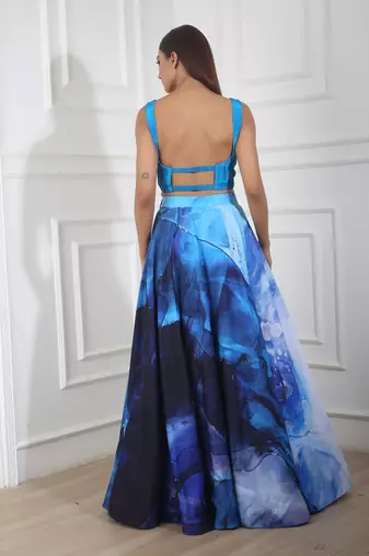 Teal blue with printed skirt set