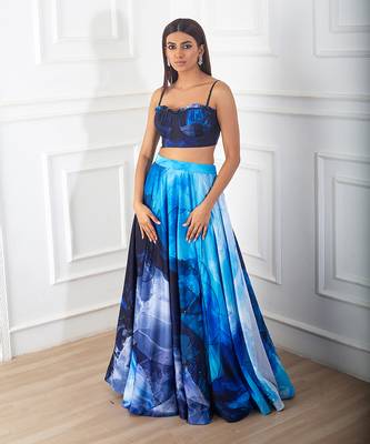 Blue quilted with printed crepe skirt set 1