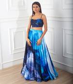 Blue quilted with printed crepe skirt set