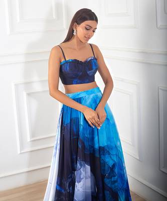 Blue quilted with printed crepe skirt set 2
