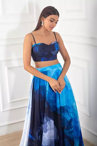 Blue quilted with printed crepe skirt set