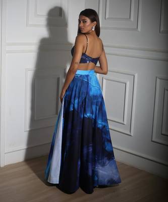 Blue quilted with printed crepe skirt set 4