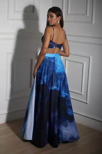 Blue quilted with printed crepe skirt set