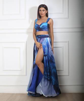 Blue printed slit skirt set 1