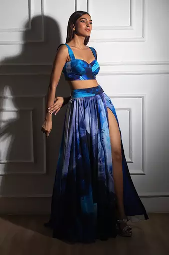 Blue printed slit skirt set