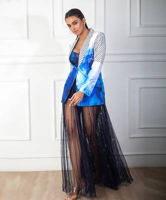 Blue printed  embroidery blazer set 1
