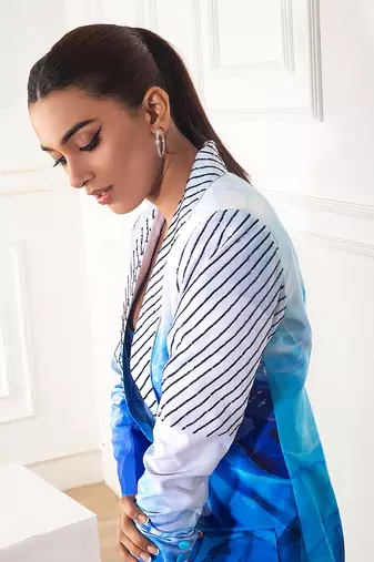 Blue printed  embroidery blazer set