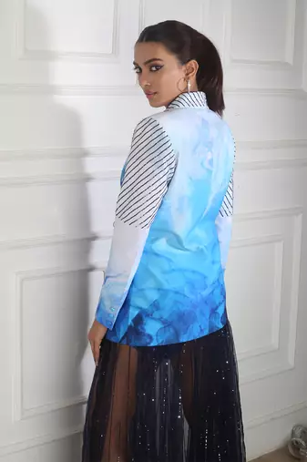 Blue printed  embroidery blazer set