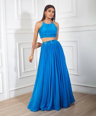 Teal blue crepe embroidery ruched skirt set 1